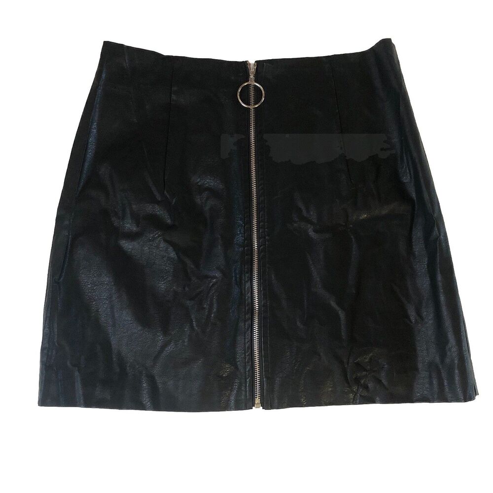 Face to Face Women's Black Faux Leather Mini Skirt Front Full Zip Size Large